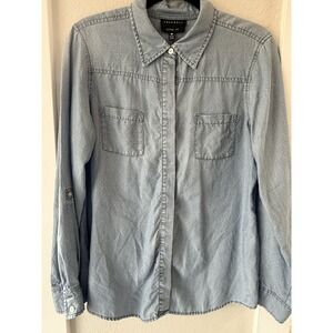 Foxcroft Womens Top Size 12 Blue With White Dot Shirt Blouse‎ Long Sleeve